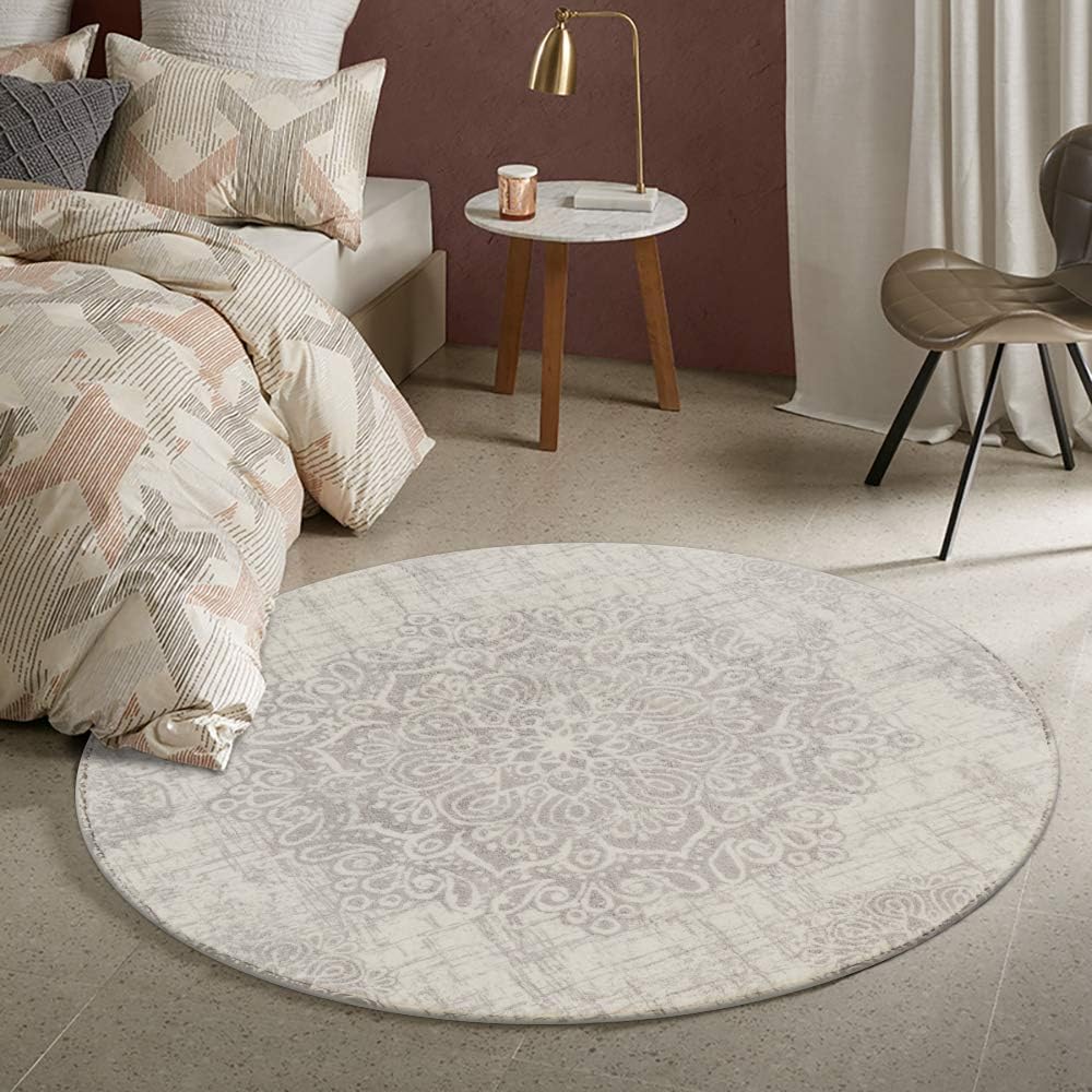 Lahome Medallion Round Rug 4ft, Washable Round Area Rug for Entryway, Non Slip Circle Bathroom Rug Ultra-Thin Door Mat, Gray Accent Throw Small Round Rugs for Office Bedroom Laundry Room