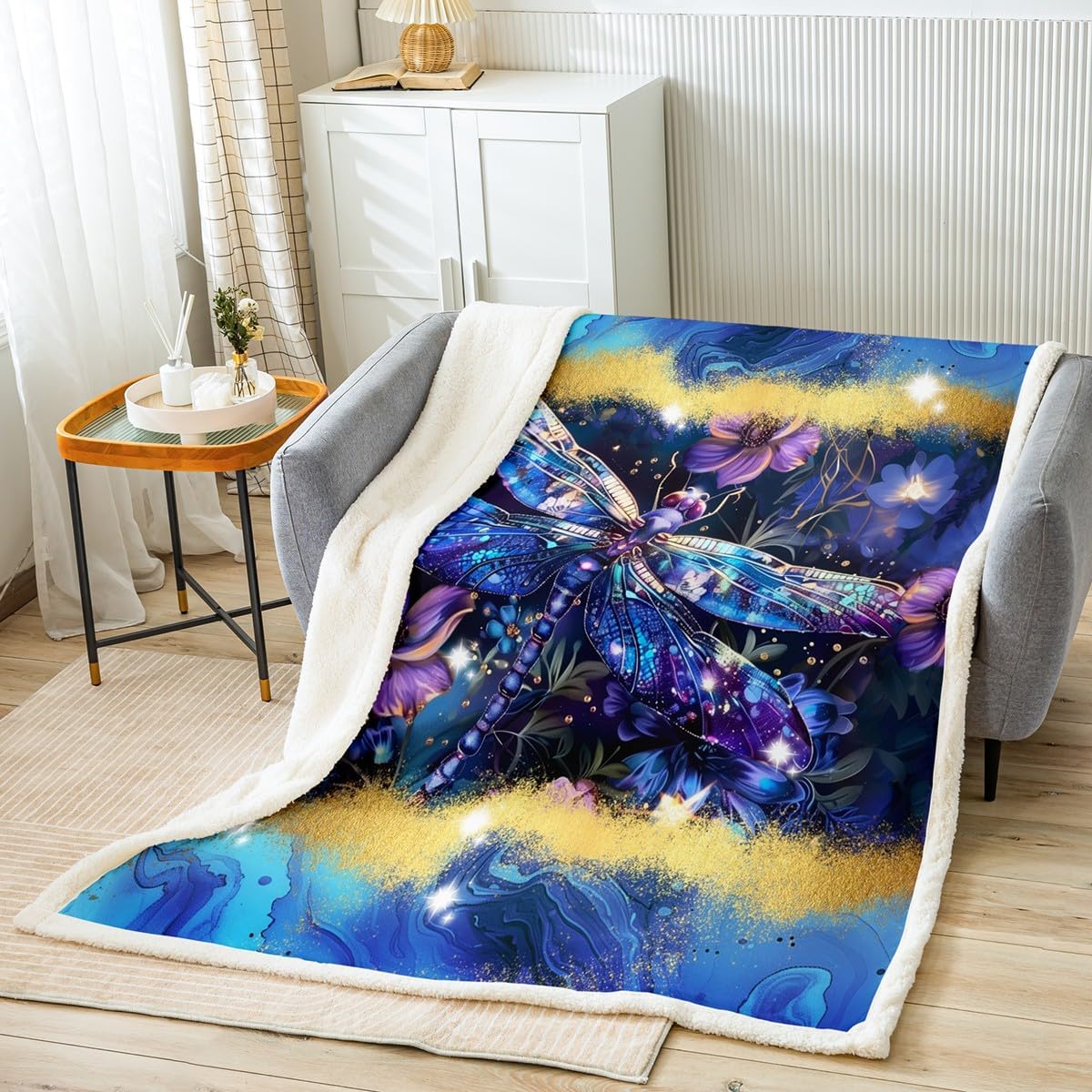 Blue Marble Bed Blanket Dragonfly Floral Throw Blanket Lightweight Soft Cozy Luxury Marble Abstract Fleece Blanket Ink Flannel Blanket for Sofa Bedroom Office Travel All Season(Twin 60"x80")