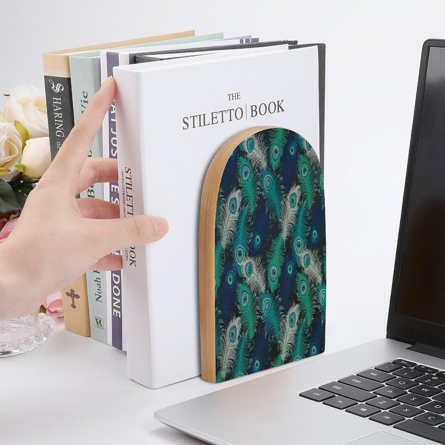 Fresh Peacock Wooden Bookend Non-Slip Book Ends Heavy Duty Book Stopper with Metal Base Books Holderd Decorative Bookends Stands Firmly for Office Supplies