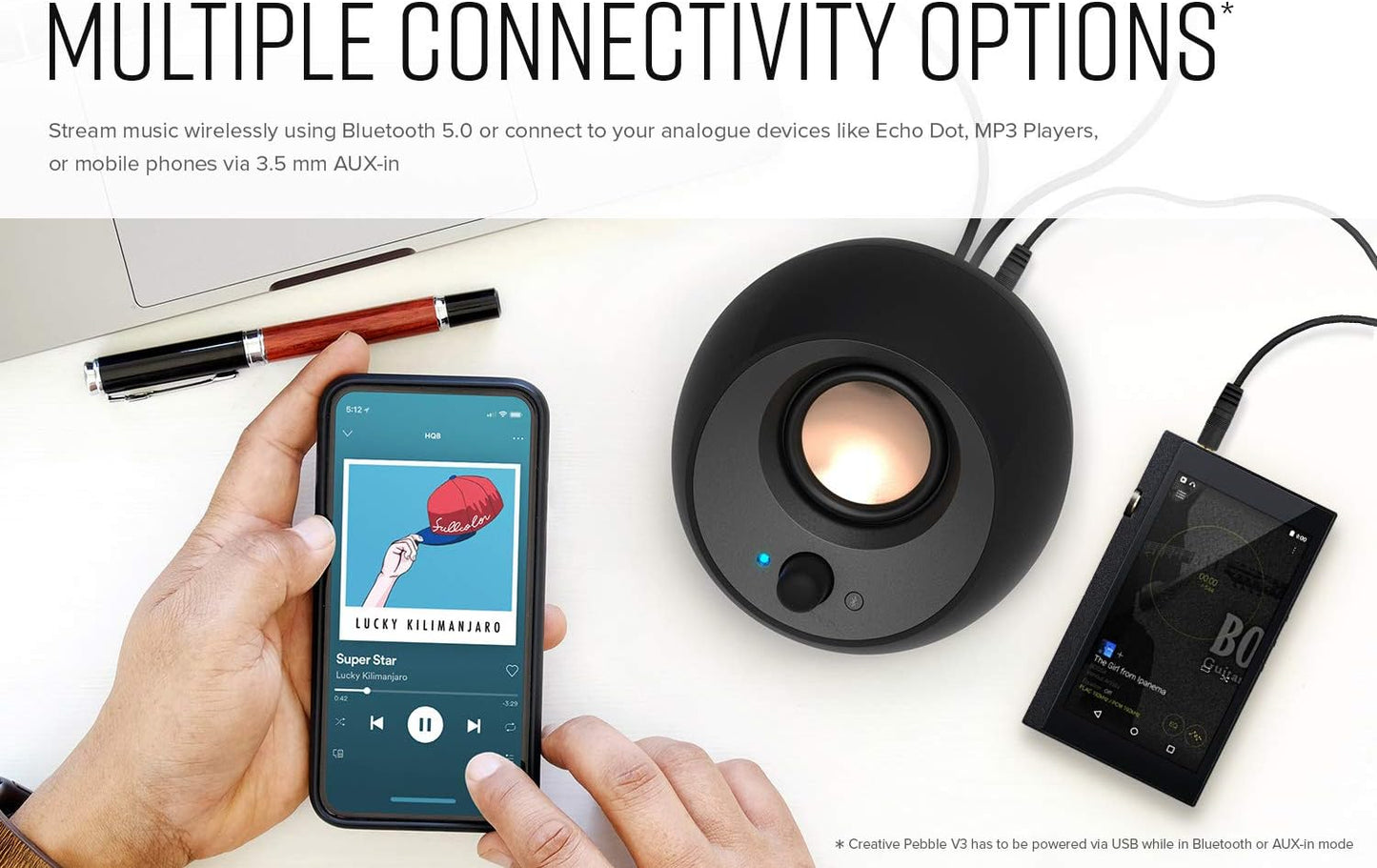 Creative Pebble V3 Minimalistic 2.0 USB-C Desktop Speakers with USB Audio, Clear Dialog Enhancement, Bluetooth 5.0, 8W RMS with 16W Peak Power (Black)