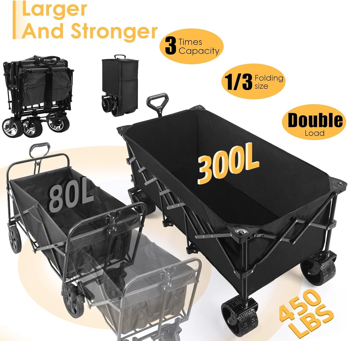 49''L Collapsible Foldable Extended Wagon with 560lbs Weight Capacity, Heavy Duty 300L Folding Utility Garden Cart with Big All-Terrain Beach Wheels & Drink Holders. Black