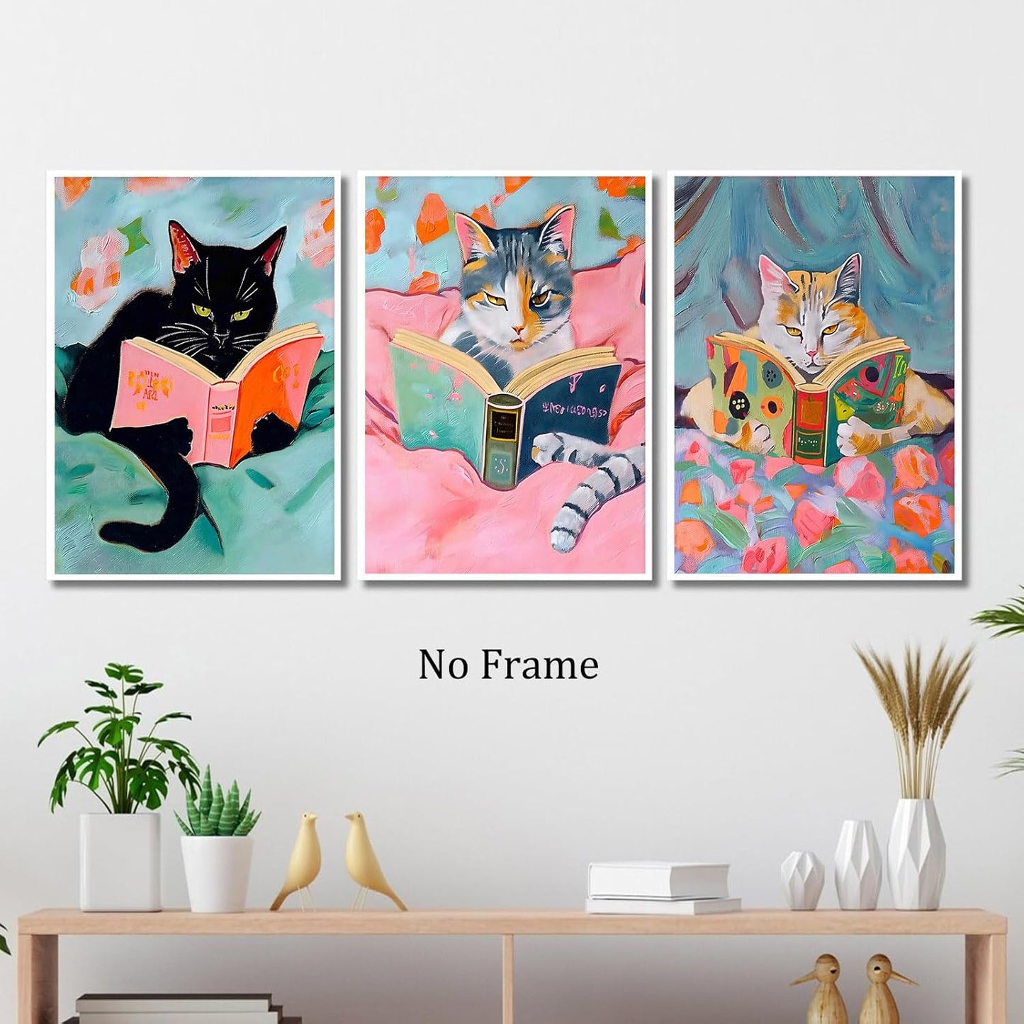 Cat Reading Book Picture Cute Cat Posters Vintage Cats Reading Books Canvas Wall Art Aesthetic Animal Print Pink Funny Animal Poster Pop Wall Art Cat Preppy Black Cat Wall Art 16x24inchx3pcs No Frame