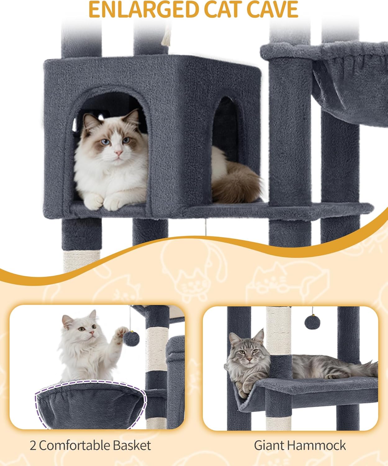 Large Sturdy Cat Tree Tower, 75 Inch Tall Pet Condo for 7 Large Cats, Cat Tree Indoor Climbing Activity Tower, 2 Large Platform/2 Cave/2 Hanging Basket/5 Scratching Post, Dark Grey MS19018SG