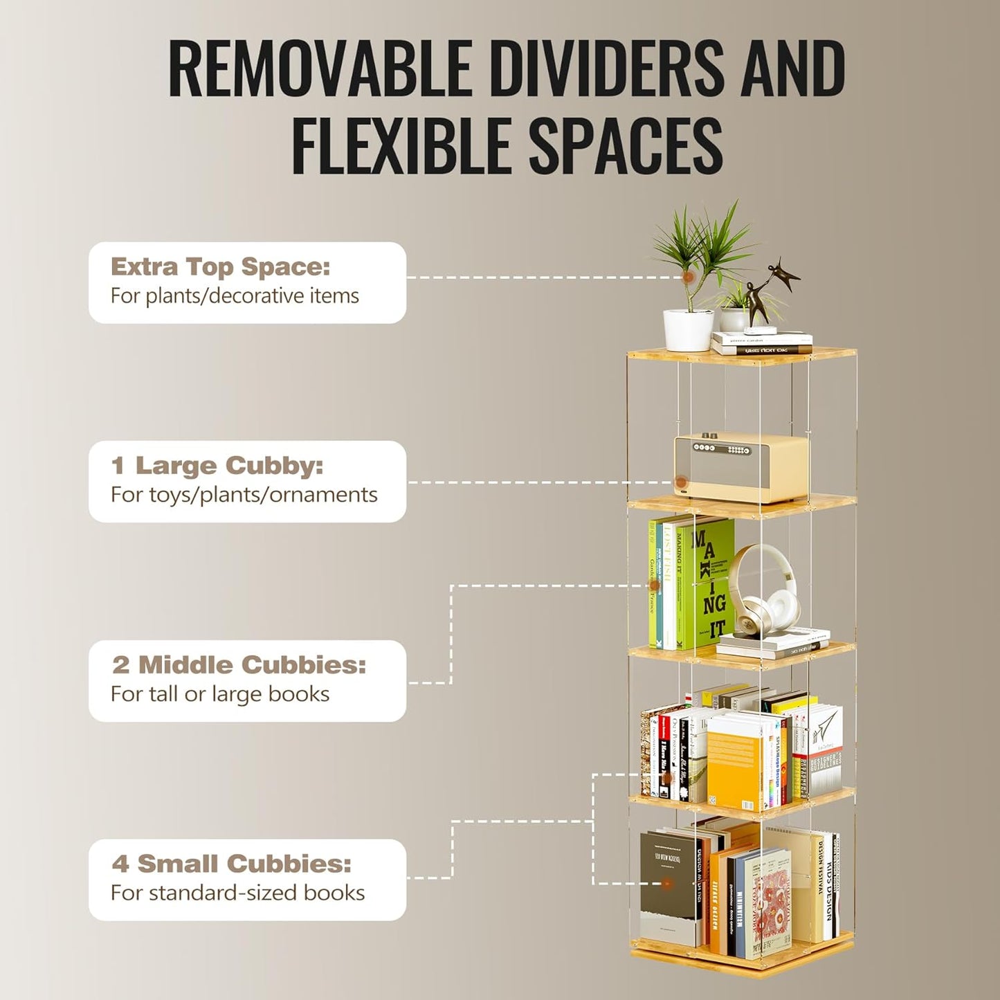 Rotating Bookshelf, 360 Degree Revolving Bookcase, 4-Tier Spinning Bookshelf, Clear Acrylic & Solid Wood Rotating Bookcase for Kid’s Playroom, Bedroom and Living Room, Square