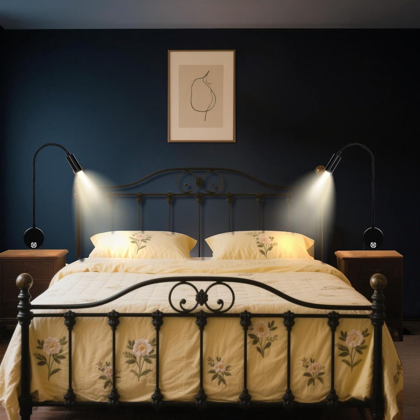 Reading Light for Bed, Wall Mounted Reading Lights with 15" Flexible Gooseneck, Touch Control, 3 Colors Temperature and Stepless Dimmable, Plug in Headboard Book Light(2 Pack)