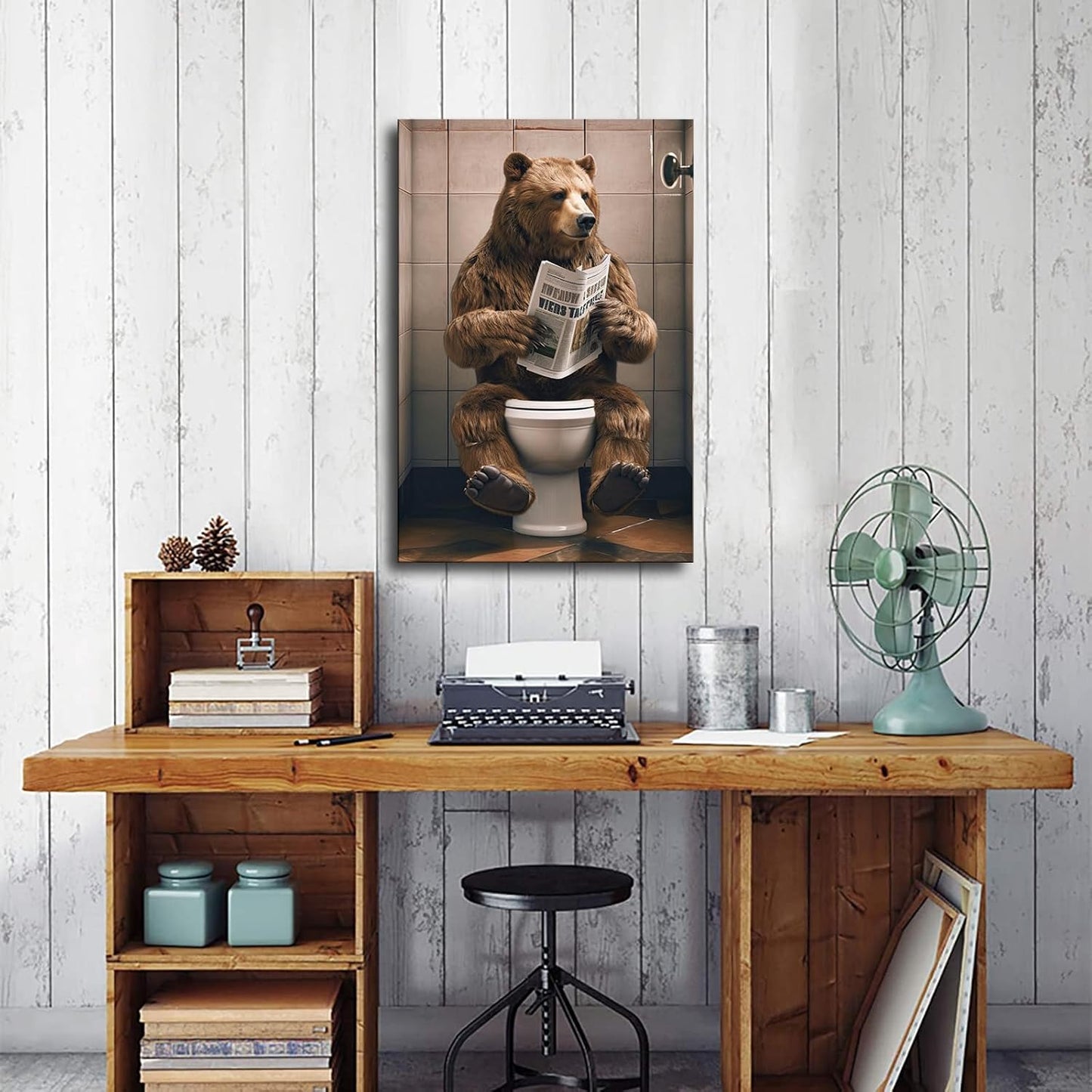 chenmjj Bear Sitting on Toilet and Reading Newspaper Print Poster Picture HD Print Poster Retro Painted Modern Home Bedroom Room Aesthetic Decoration Canvas Art (12x18inch Unframed)