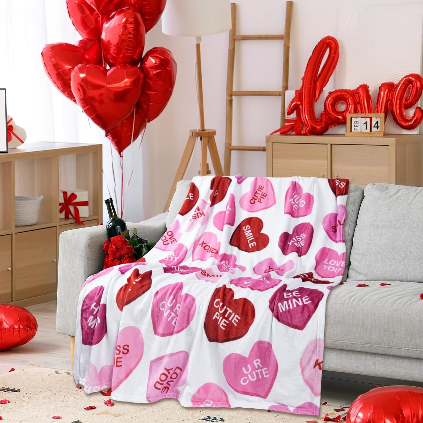 Valentines Flannel Throw Blanket 50" x 60", Pink Candy Hearts Soft Fuzzy Plush Cozy Fleece Blanket for Couch Sofa Bed, Holiday Throw Blanket for Valentines Day Wedding Ideal Gifts Option