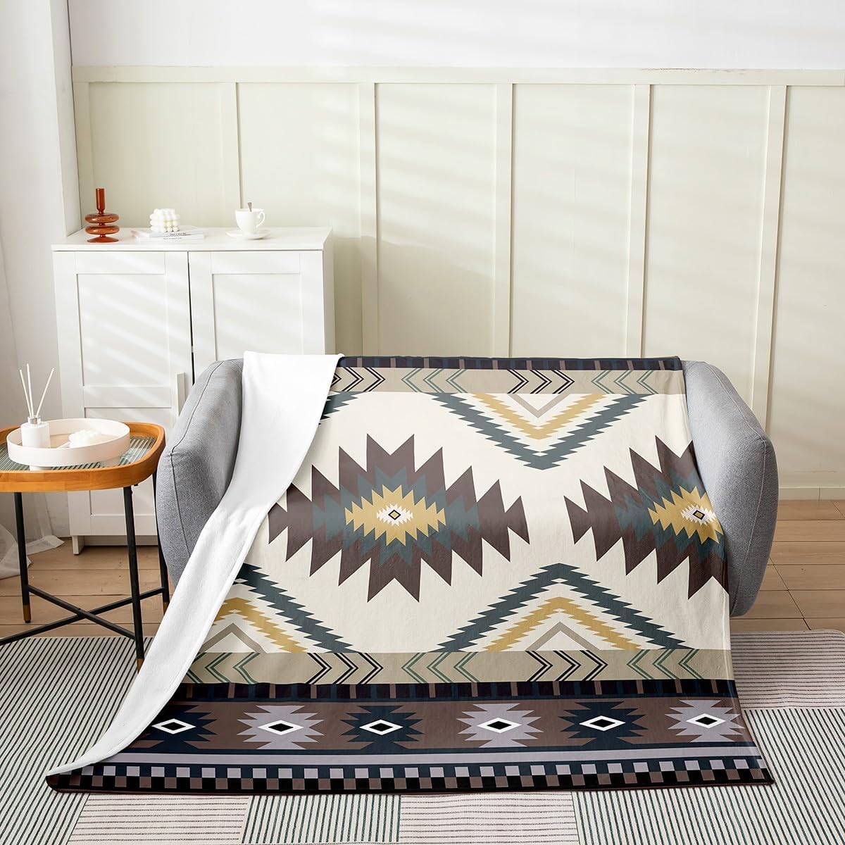 Feelyou Rustic Southwestern Flannel Fleece Throw Blanket Twin 60"x80" Kids, Stitched Western All Season Bed Blanket for Sofa Couch, Tribal Native Brown Fuzzy Blanket, Plush Blanket Room Decor