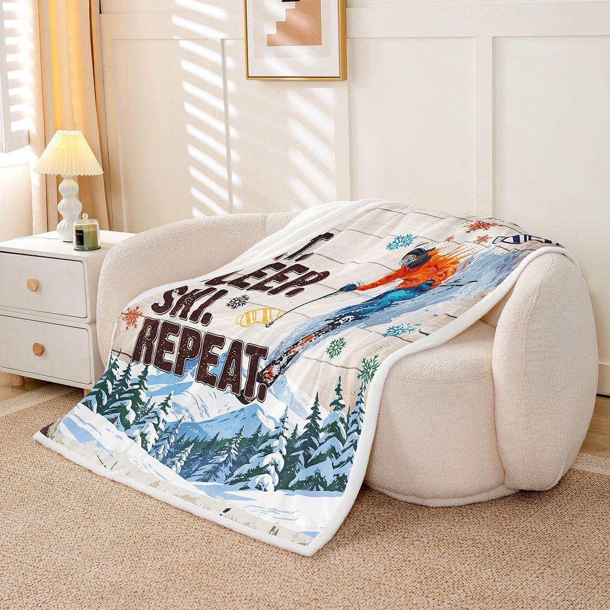 Ski Throw Blanket Rustic Farmhouse Brown Wooden Fleece Blanket Skiing Skier Sports Games Blankets Kids Boys Girls Adult Room Decor Winter Snow Mountain Sherpa Blanket,for Chair/Sofa,50"x60"