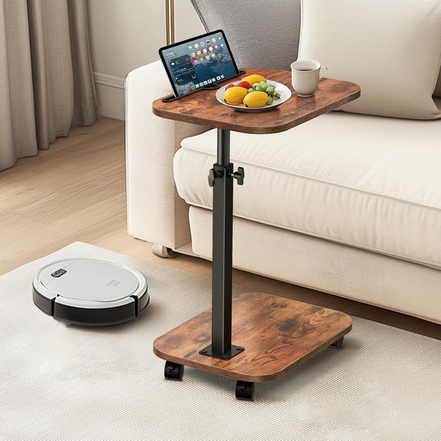 Sofa Tray Table for Couch, 360°Swivel TV Tray for Small Spaces, Adjustable Height Side Tables for Eating, C Shaped End Table for Livingroom, Bedroom, Sofa, Bed, Snack