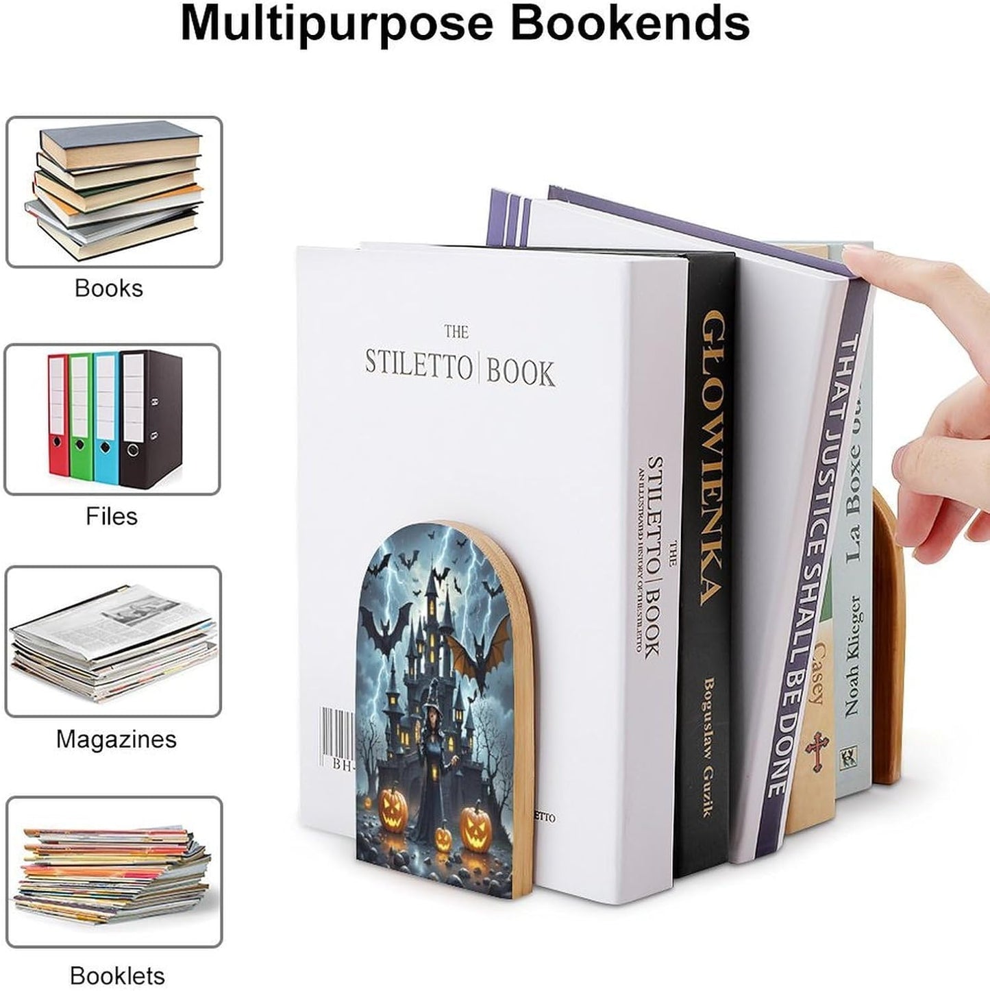 Witches Night Bookends 1 Pair Heavy Duty Book Ends for Shelves Non-Skid Bookend Supports Wooden Book Holders with Metal Base Desk Organizers Books Storage to Hold Books