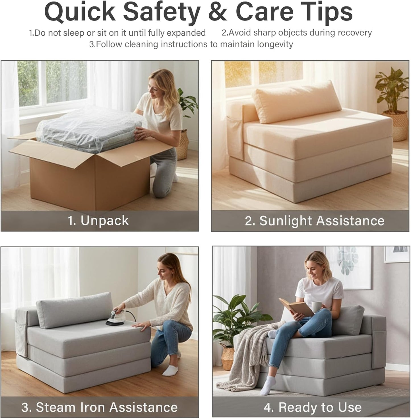 Tiita Folding Sofa Bed-Convertible Sleeper Chair with Storage Bag, Tri Foldable Mattress with Pillow, Portable Fold Out Chair Bed Floor Sofa for Living Room/Dorm/Guest Use/Travel, Single Size, Black