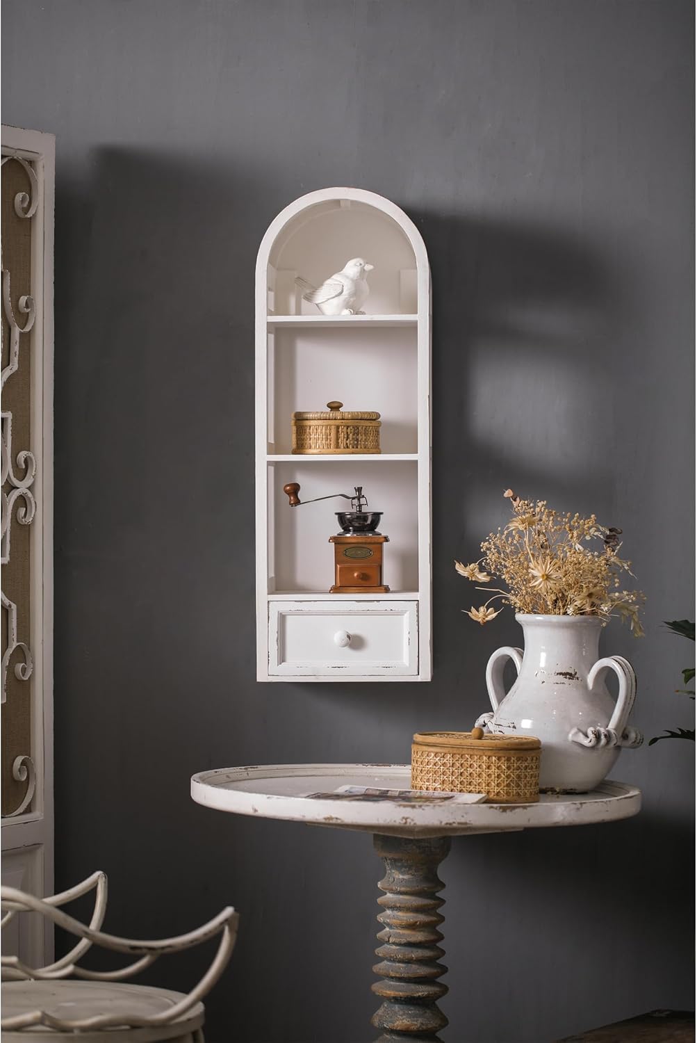 SOFE 3 Shelf White Wall Storage Cabinet with Drawer, 31" Tall Narrow Bathroom Cabinet Wall Mounted, Wood Display Cabinet, Arched Bookshelf, Modern Farmhouse Hanging Cabinets Storage