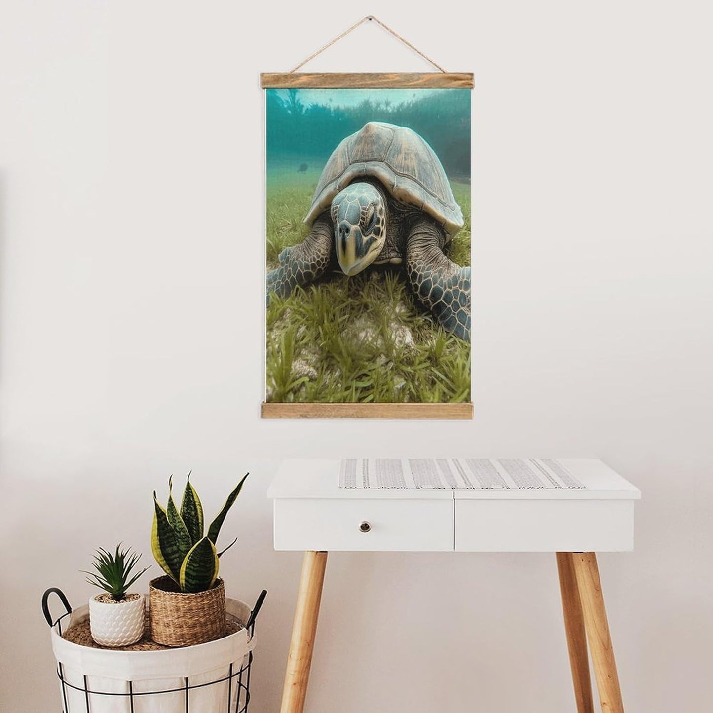 Vintage Big Tortoise Poster with Wooden Frame Personalized Linen Hanging Scroll Painting Rustic Wall Hanging Illustrative Modern Artwork Decor for Home Living Room Bedroom Office
