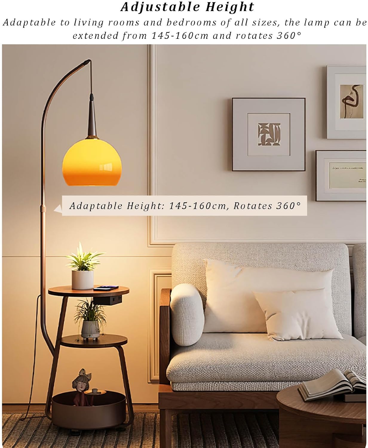 Modern Floor Lamp with Side Table for Living Room, Mid Century Tall Lamps Adjustable Height Fishing Standing Lamp with Storage Bucket, Floor Reading Lamp for Bedroom