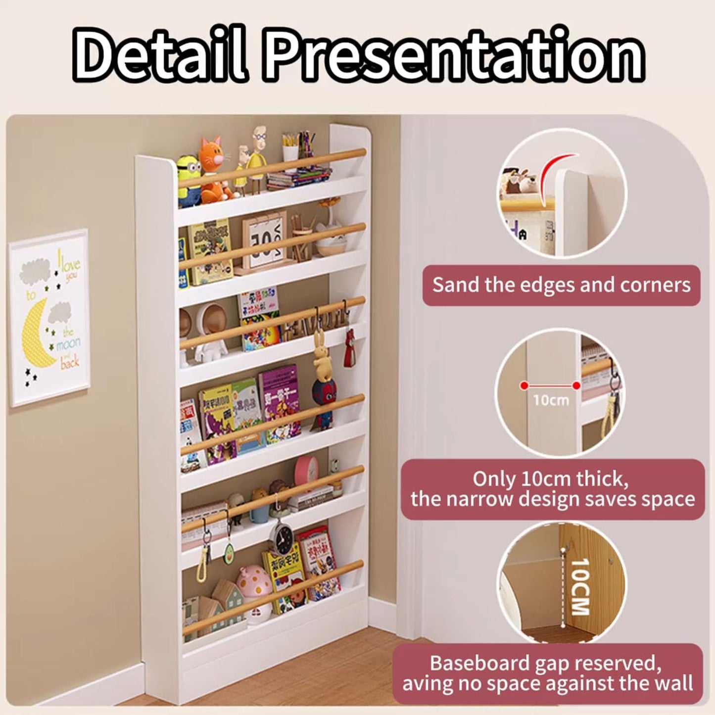 Behind The Door Bookshelf 6-Tier Wooden Behind The Door Storage Cabinet Wall Mount Shelf Easy to Install for Bedroom Kid Room Living Room Library（White）