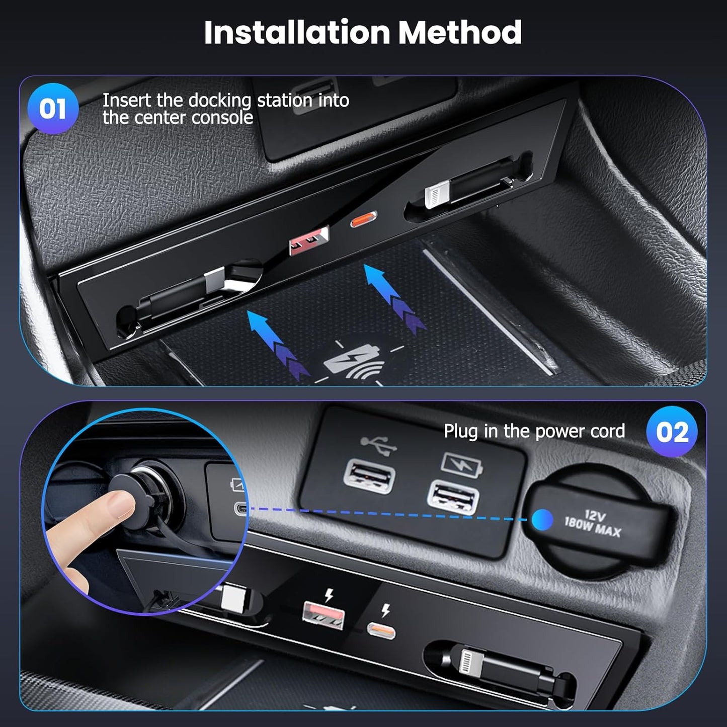 Center Console USB Hub Compatible with Honda Civic 2022 2023 2024 2025, 120W 4-Port Retractable Car Fast Charging Cables Docking Station