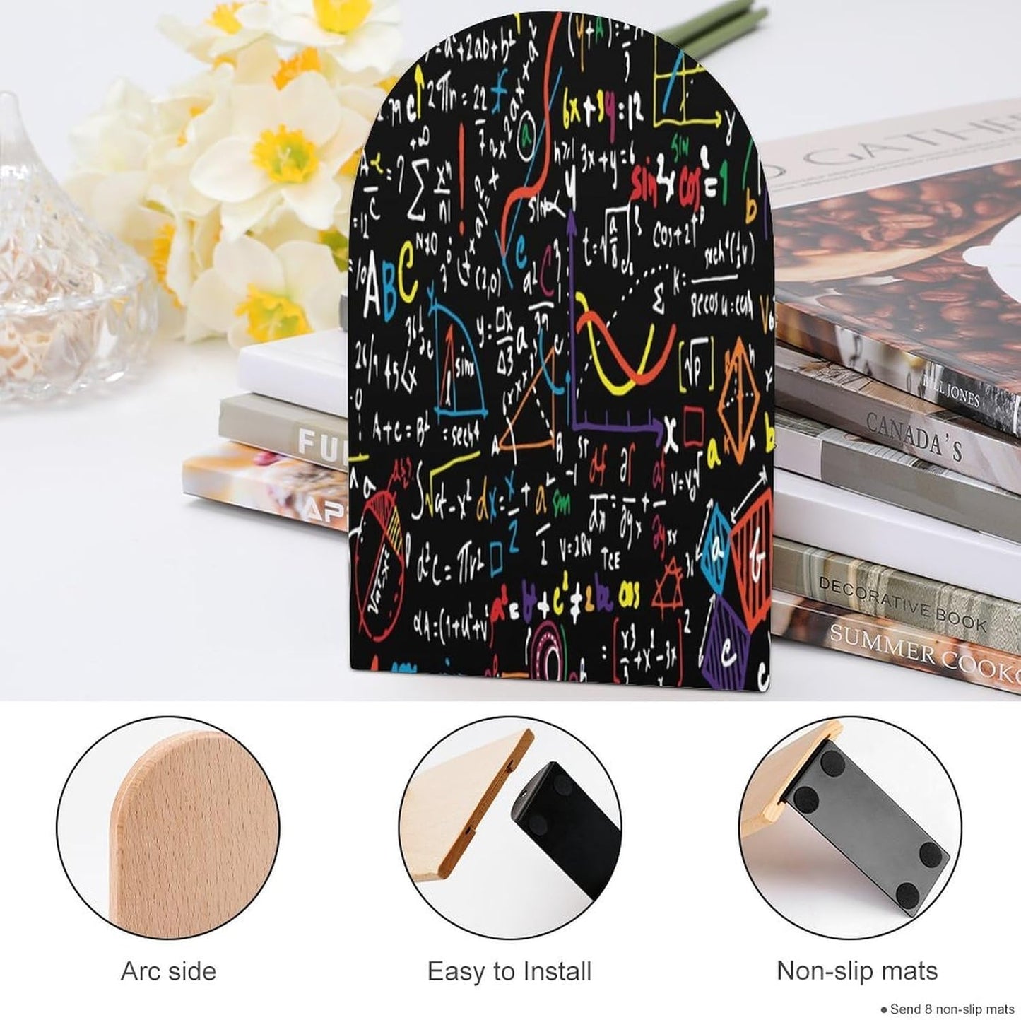 Mathematics and Physics Wooden Bookend Non-Slip Book Ends Heavy Duty Book Stopper with Metal Base Books Holderd Decorative Bookends Stands Firmly for Office Supplies