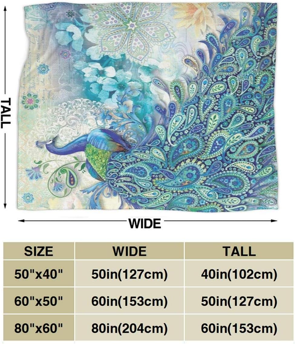 Peacock & Vintage Botanical Flannel Fleece Throw - Ultra Soft, Cozy, Warm & Lightweight Microfleece Blanket (80" x 60")