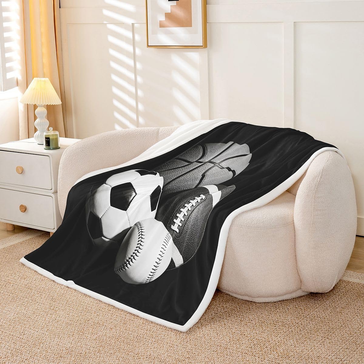 Feelyou Sports Sherpa Throw Blanket for Couch Football Super Soft Cozy Fleece Black White Baseball Blanket for Winter, Plush Throw Soocer Basketball Baby 30"x40" All Season