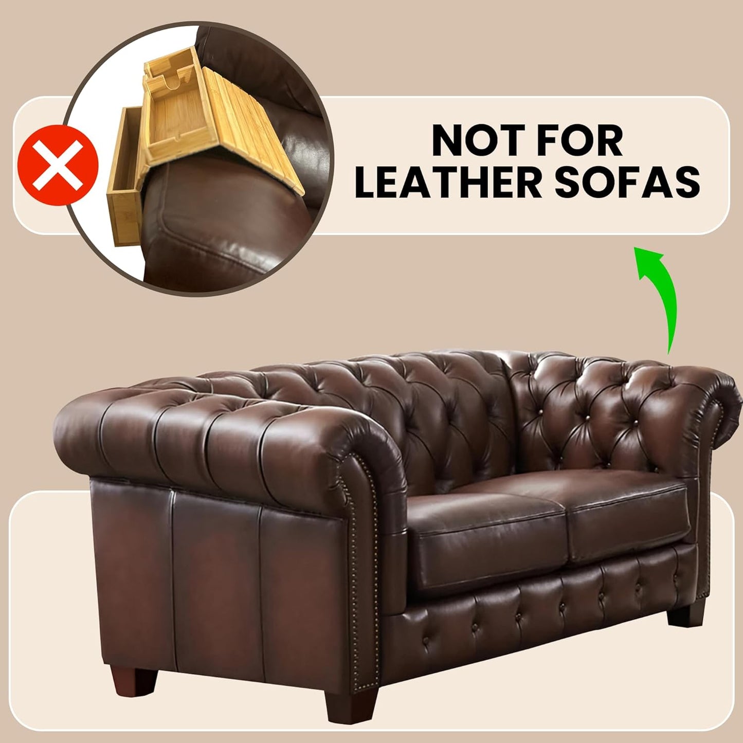 Bamboo Couch Arm Set – 1 Large with Side Pocket + 1 Small – Sofa Cup Holder for Remote & Phone – Non-Slip Fit for Armrests 4.5"–8.5" Wide