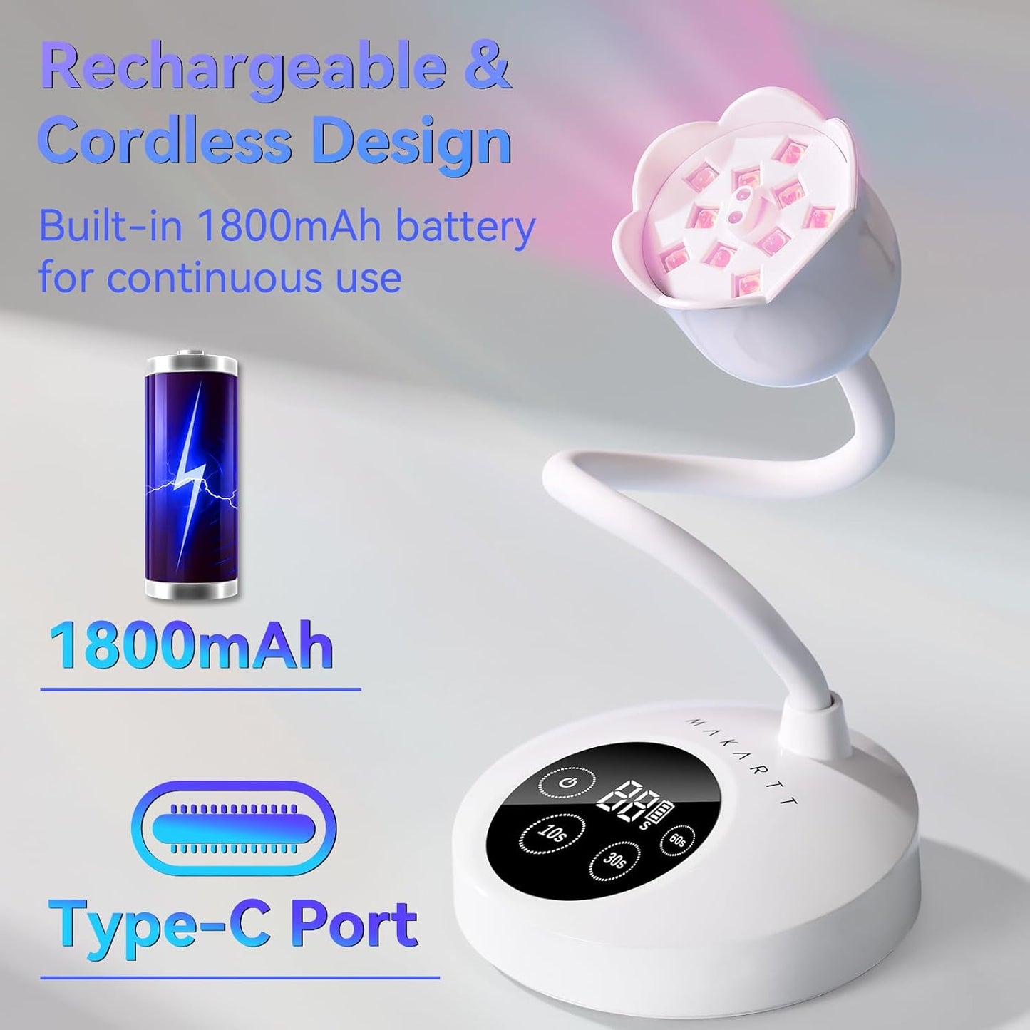 Makartt UV Nail Lamp: Mini UV Light for Gel Nails Polish Luminoza 30mW/cm² Rechargeable LED Nail Light Nail Dryer with 4 Timers & Auto Sensor, Fast Curing Goosenecks Lamp for Home DIY Manicure
