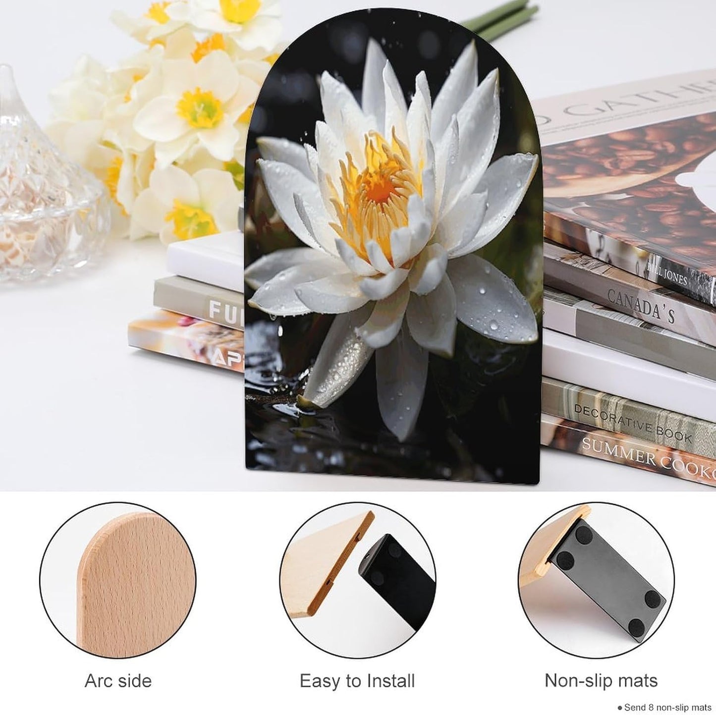 White Lotus Bookend for Shelves Wooden Book End Large Size Sturdy Book Holders Stoppers with Metal Base for Bookshelves Slick Decorative Bookends Stands