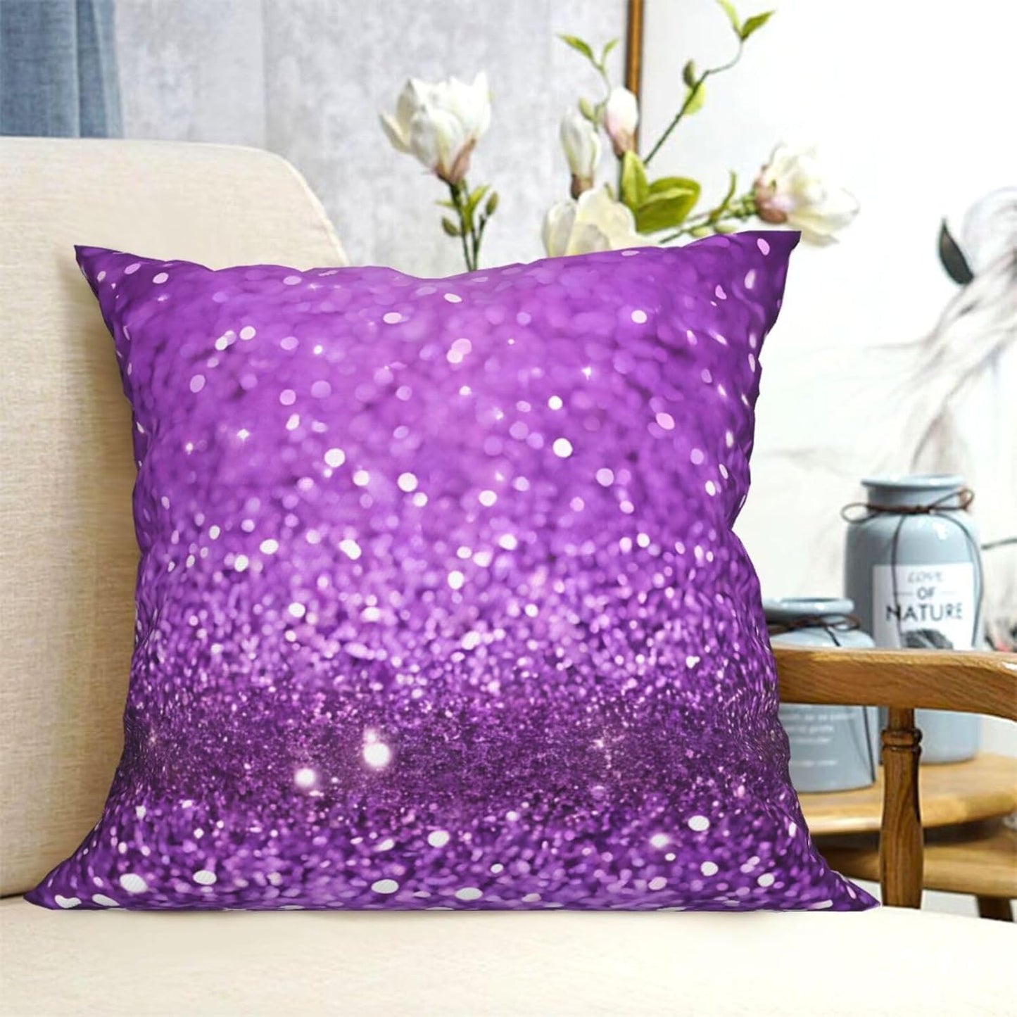 All-Season Square Pillow Covers 18"X18", Sparkling Purple Glitter, Decorative Throw Pillow Covers For Sofa Bed Couch, Hidden Zipper Cushion Cover, Square Lumbar & Accent Pillowcases For Home Decor