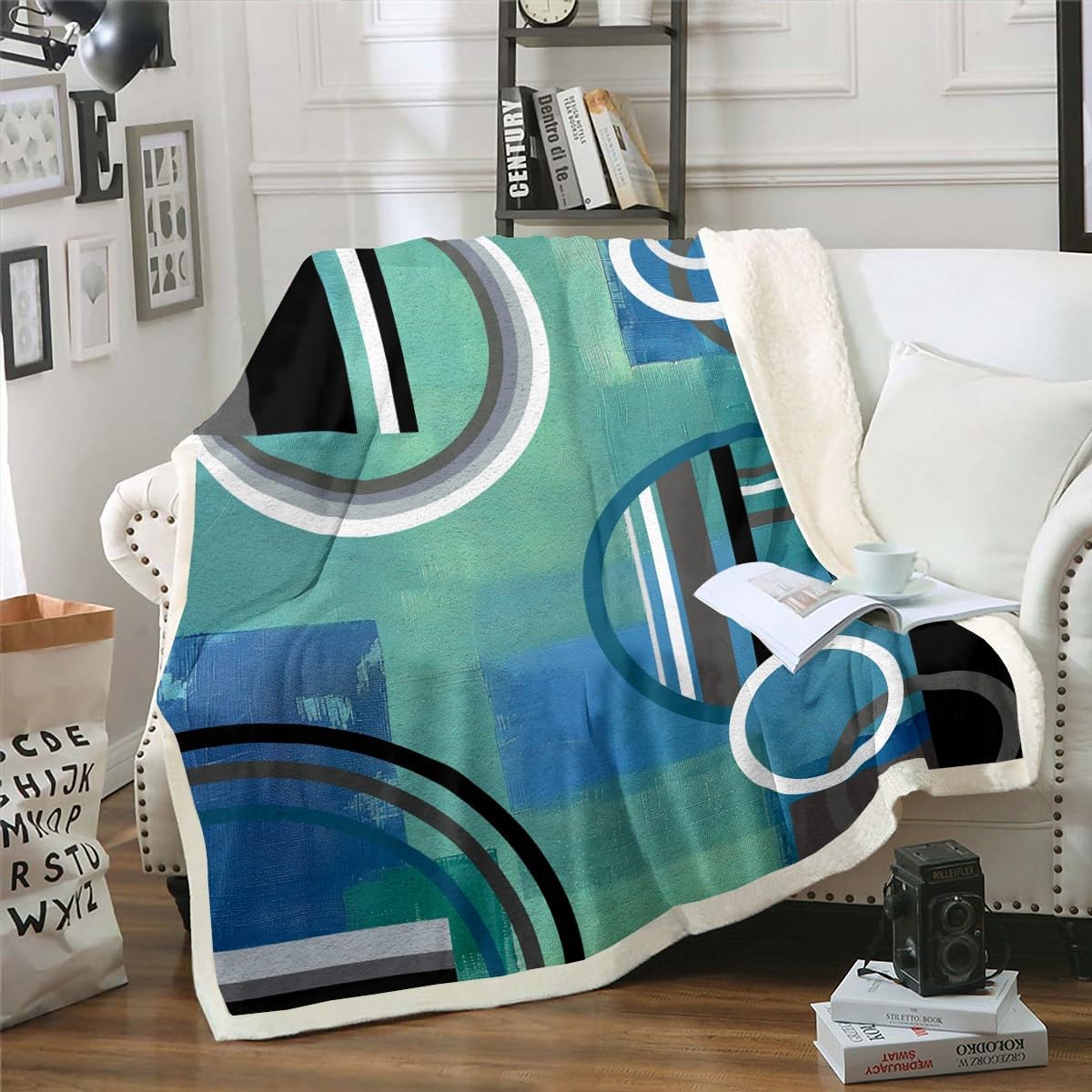 Geometric Fleece Blanket Twin Size,Oil Painting Throw Blanket Watercolor Sherpa Blanket,Circles Fuzzy Blanket,Blue Green Black Grey Modern Artwork Luxury Soft Cozy Plush Bed Blanket