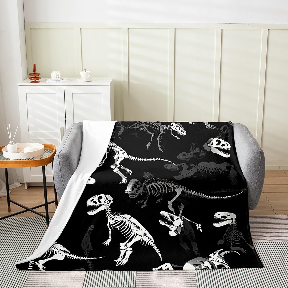 Erosebridal Dinosaur Skeleton Blanket Throw 50x60, Dino Gothic Throw Blanket for Sofa Bed, Animals Dinosaur Printed Kids Boys Soft Fleece Blanket, Black White Sci-Fi Style All Seasons Fuzzy Blanket