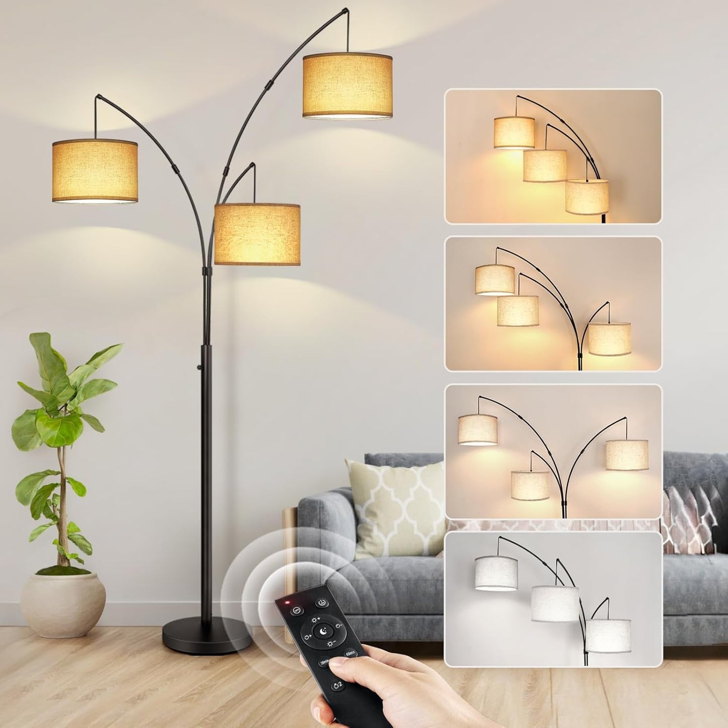 OUTON Arc LED Floor Lamp with Remote Control, Dimmable Modern Black 3 Light Arched Tall Floor Lamp, Mid Century Adjustable Standing Corner Lamps for Bedroom, Office, Living Room, Beige Lampshade