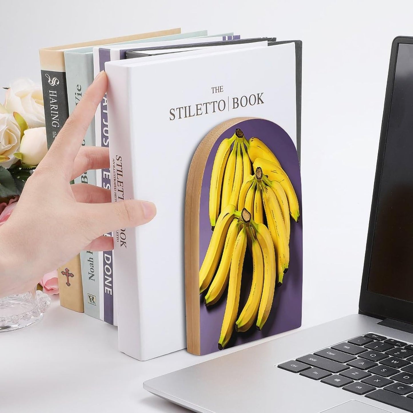 Unique Banana Fruit Bookend for Shelves Wooden Book End Large Size Sturdy Book Holders Stoppers with Metal Base for Bookshelves Slick Decorative Bookends Stands