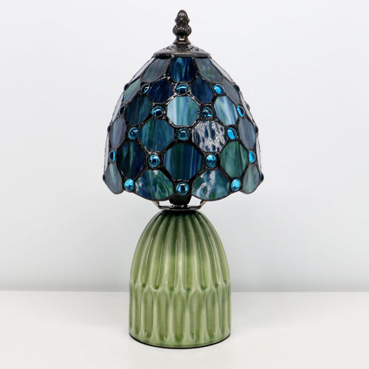 Tiffany Lamp Stained Glass Mushroom Table Lamps 6X6X12.5 Inch Sea Blue Pearl Style Small Night Light Ceramic Base Mini Accent Desk Light Suitable for Bedside Table Bedroom Children Room