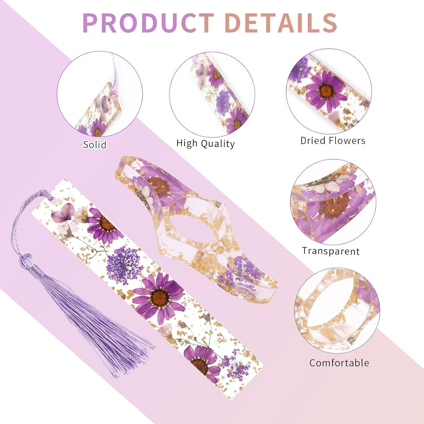 Dried Flower Resin Bookmark and Book Page Holder Set, 4 Pcs Handmade Transparent Thumb Books Page Holder with Tassel, Cute Book Accessories Gift for Reading Lover Students Teachers