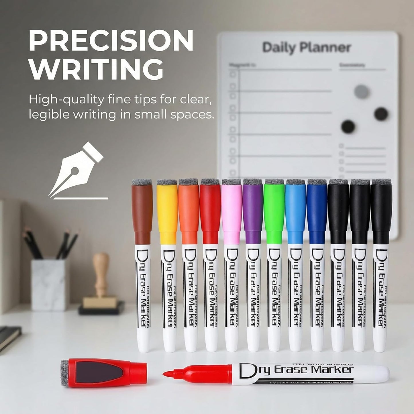 Volcanics Magnetic Dry Wipe Pens Dry Erase Markers With Eraser Cap Low Odor Fine Tip Whiteboard Pens Pack of 12,10 Colors