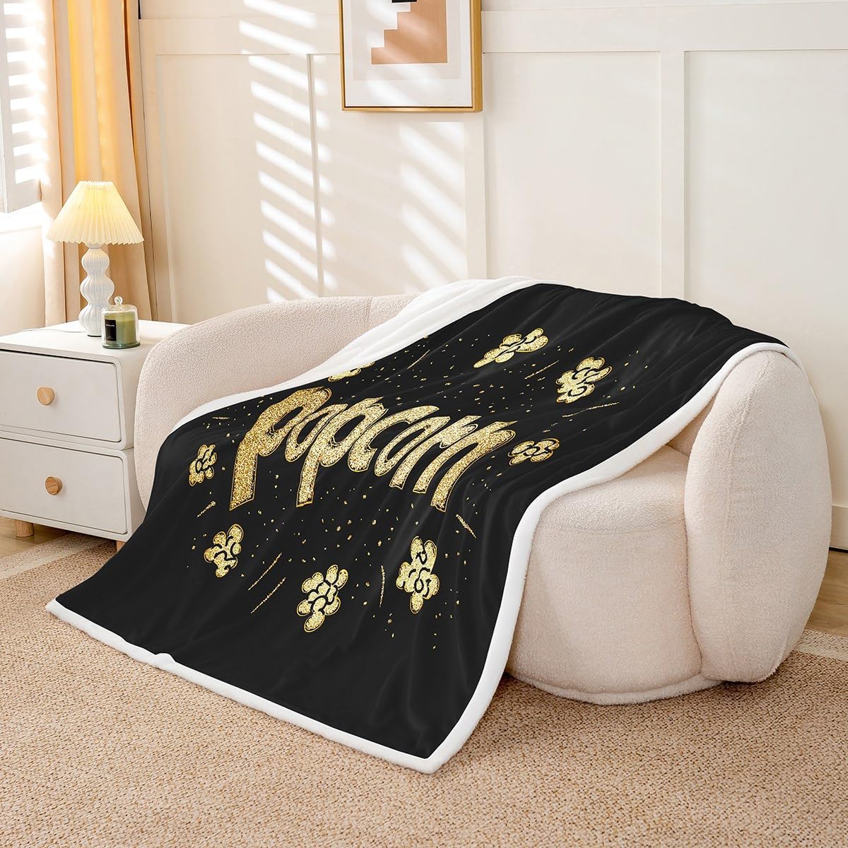 Feelyou Popcorn Golden Black Plush Blanket Movie Theater Fleece Throw Blanket for Children Vintage Cinema Movie Theater Sherpa Blanket Old Fashion Room Decor Room Decor 40"x50"