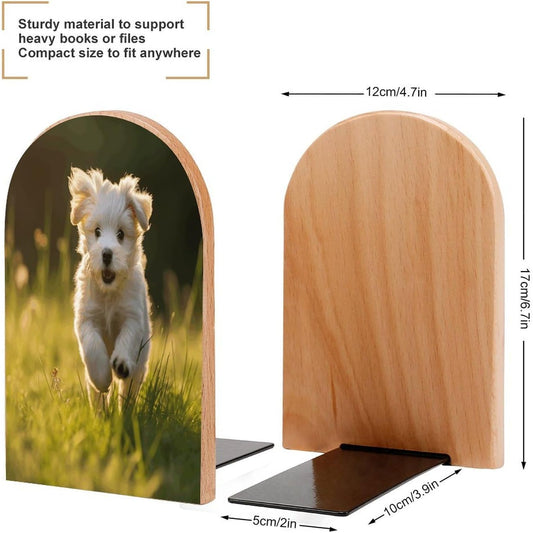 Puppy Crossing The Grass Bookend for Shelves Wooden Book End Large Size Sturdy Book Holders Stoppers with Metal Base for Bookshelves Slick Decorative Bookends Stands