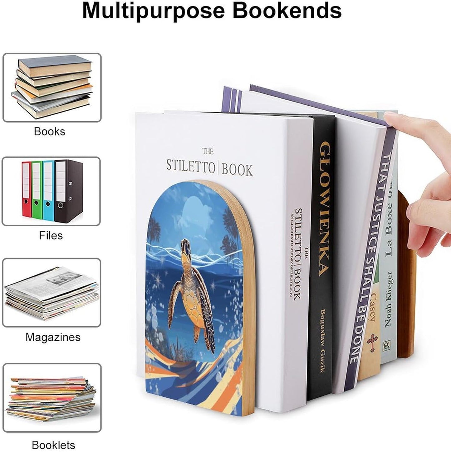 Ocean Turtle on The Beach Bookend for Shelves Wooden Book End Large Size Sturdy Book Holders Stoppers with Metal Base for Bookshelves Slick Decorative Bookends Stands