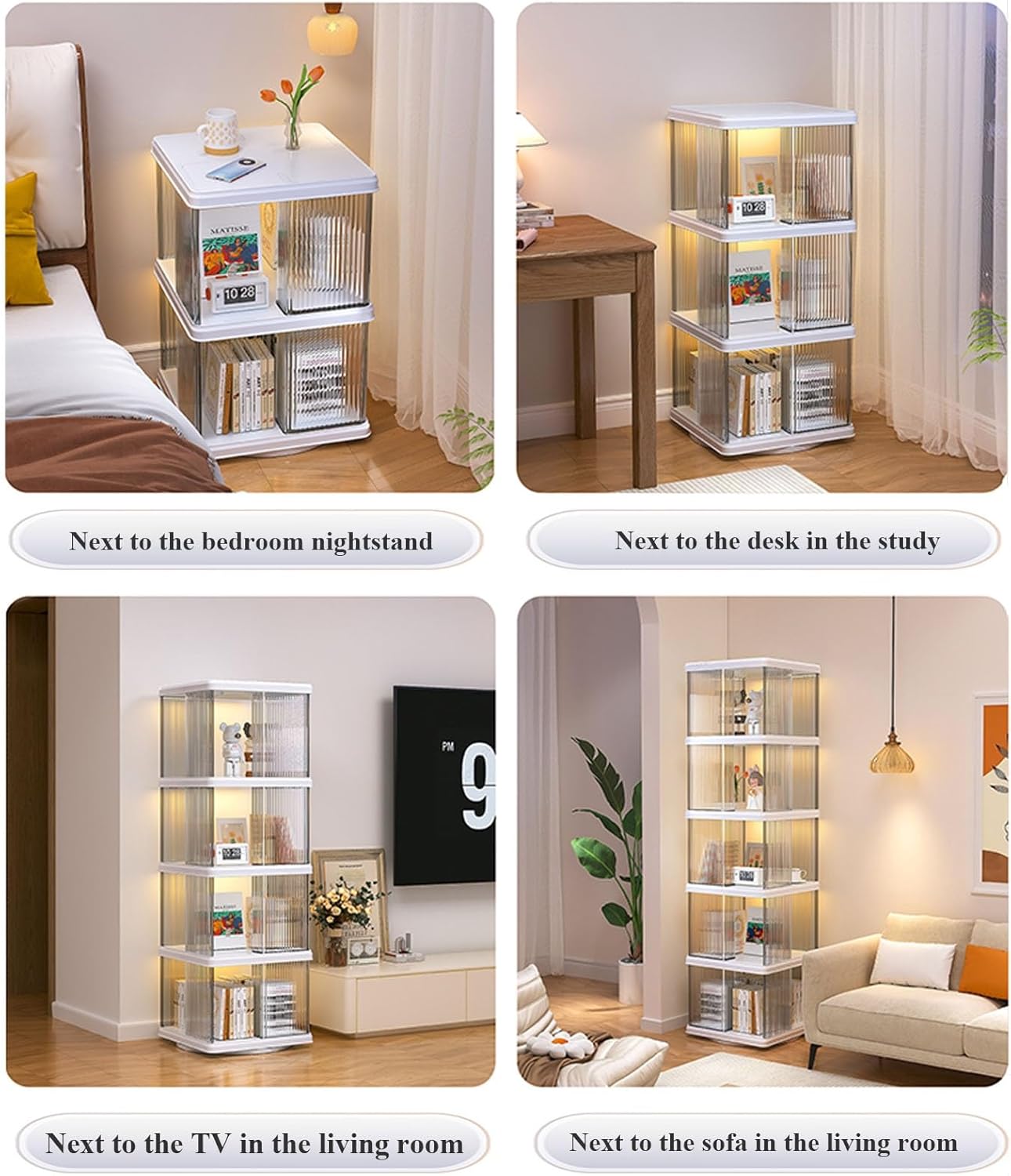 3/4/5 Tier Rotating Bookshelf Tower Acrylic Bookshelf Rotating Bookshelf Tower 360 Degree Revolving Bookcase Transparent Acrylic Rotating Bookcase Freestanding Spinning Bookshelf For Living Room(Four