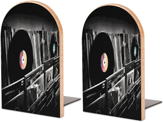 Vinyl Records Bookend for Shelves Wooden Book End Large Size Sturdy Book Holders Stoppers with Metal Base for Bookshelves Slick Decorative Bookends Stands