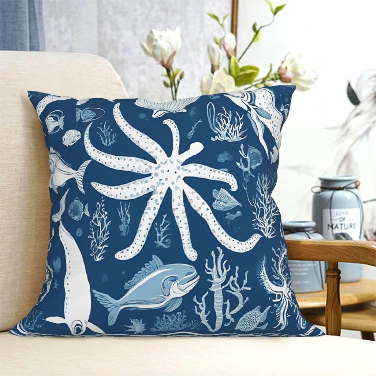 All-Season Square Pillow Covers 18"X18", Sea Animals, Decorative Throw Pillow Covers for Sofa Bed Couch, Hidden Zipper Cushion Cover, Square Lumbar & Accent Pillowcases for Home Decor