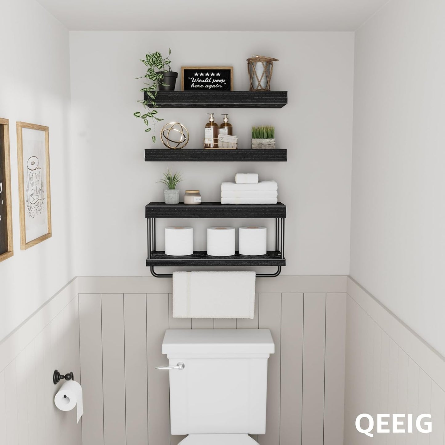QEEIG Bathroom Floating Shelves Over Toilet - Wall Mounted Shelf Toilet Paper Storage Farmhouse 16 inch Set of 3, Black (027-40B3)