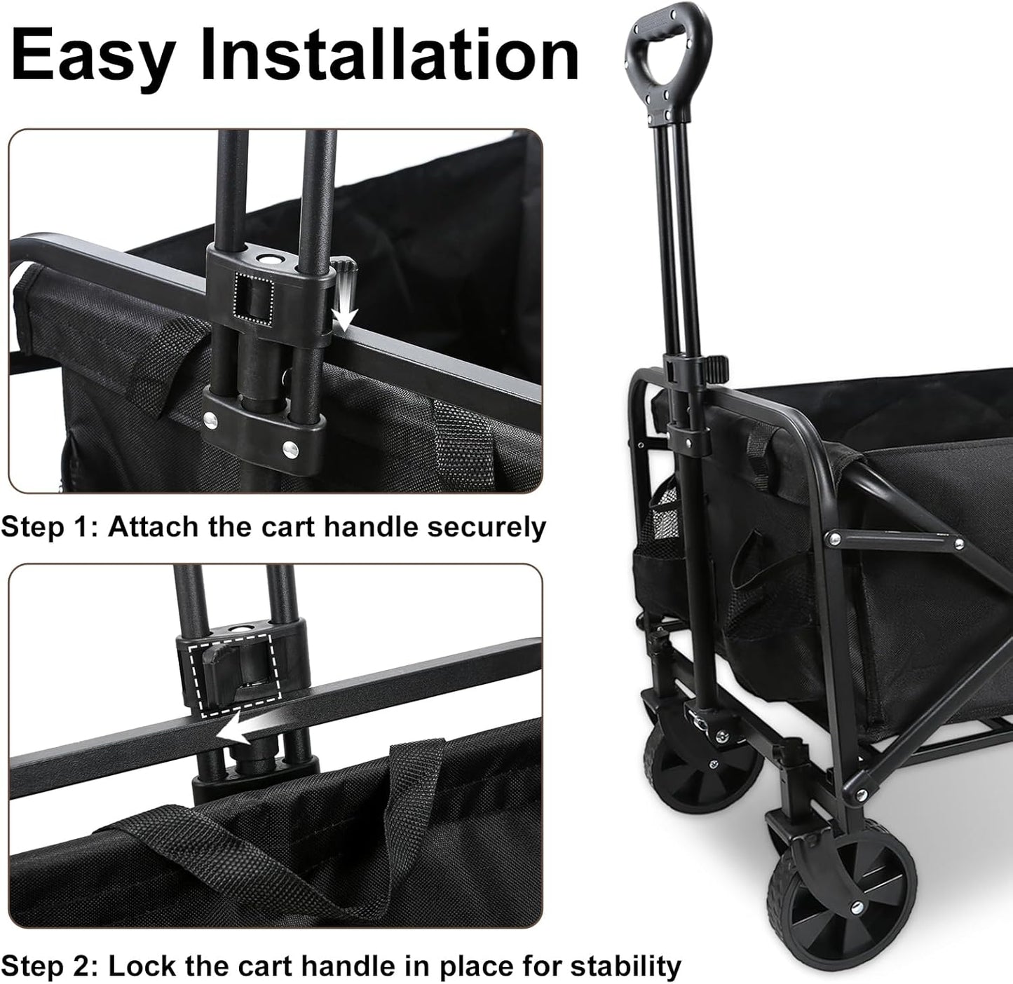 Heavy-Duty Collapsible Wagon Cart with Wheels, Lightweight Foldable Utility Cart with Adjustable Handle for Outdoor Use – Ideal for Grocery Shopping, Camping, Sports, Fishing, and More (Black)