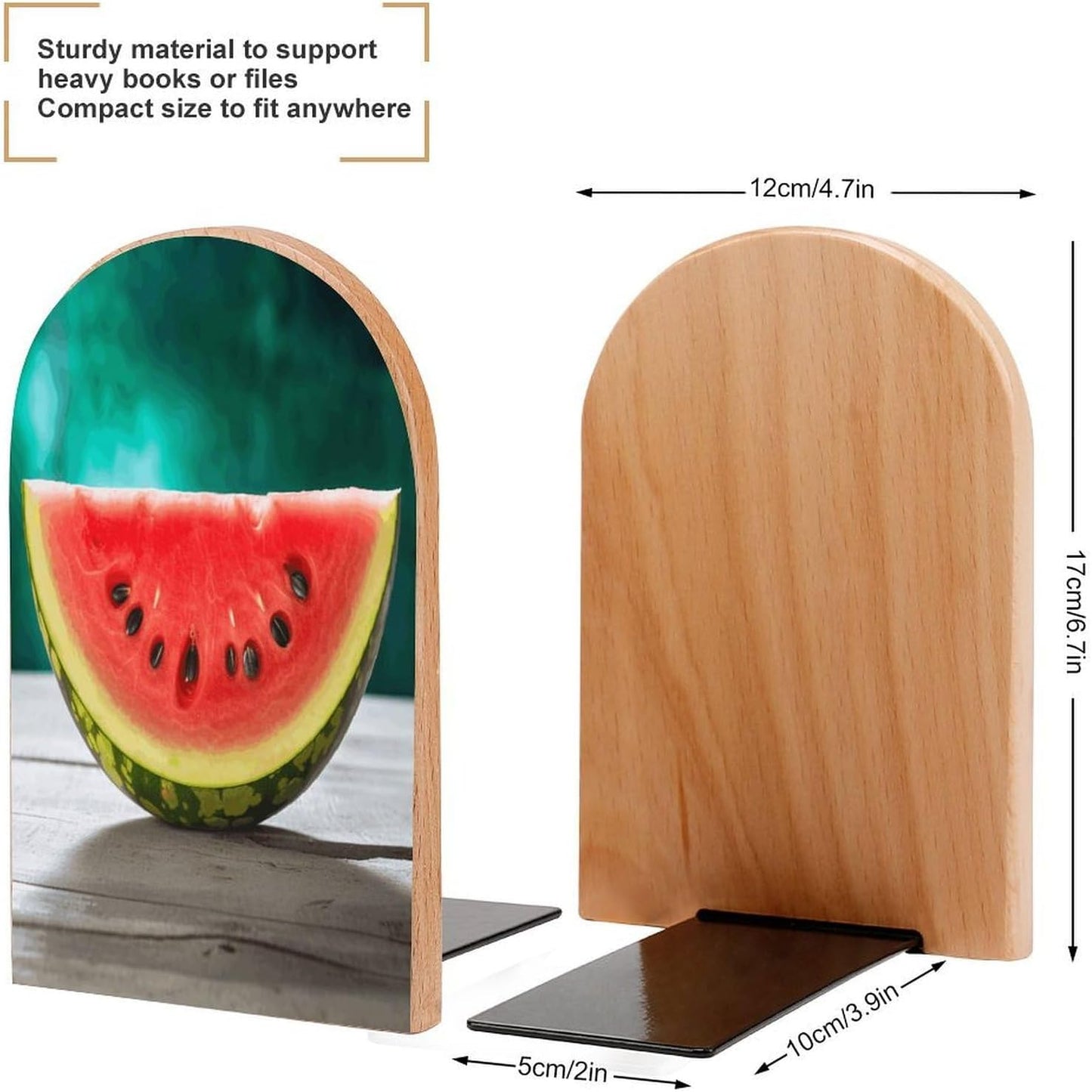 Watermelon with Smiley Bookend for Shelves Wooden Book End Large Size Sturdy Book Holders Stoppers with Metal Base for Bookshelves Slick Decorative Bookends Stands
