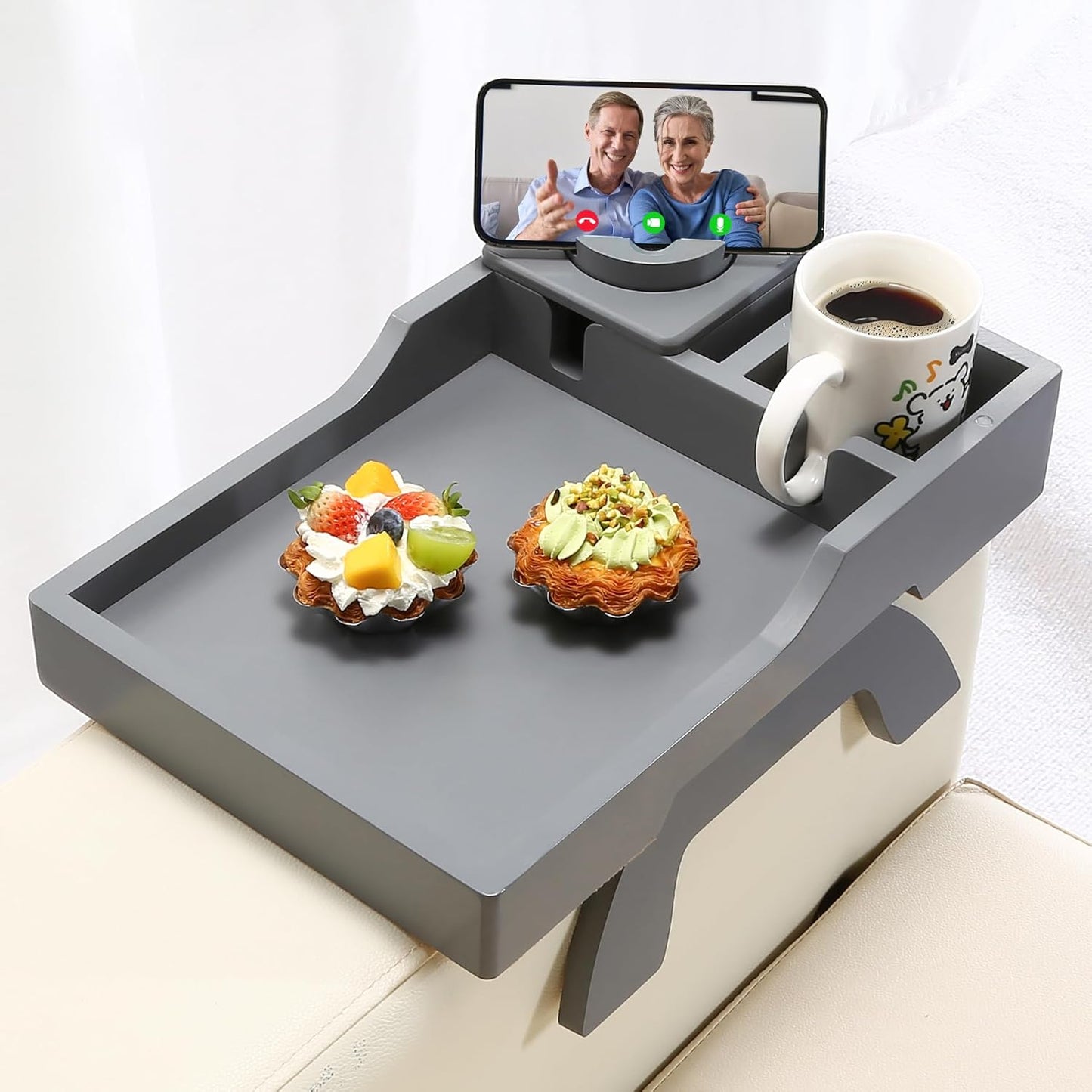 Couch Arm Table Tray, 15.3" x 9.8" Large Bamboo Couch Arerest Table for Cup Holder, Adjustable Sofa Arm Clip Tray Table with Rotated Phone Holder