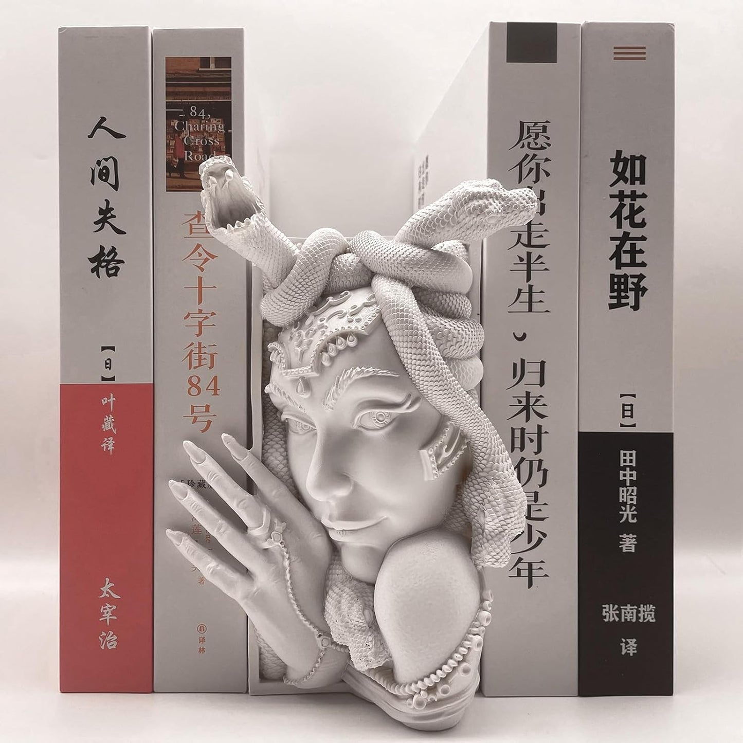 Medusa Head Book Nook, Unique Snake Women Face Decorative Bookends, Heavy Duty Book Stopper for Home Office Desk, Vintage Shelf Decor (White)