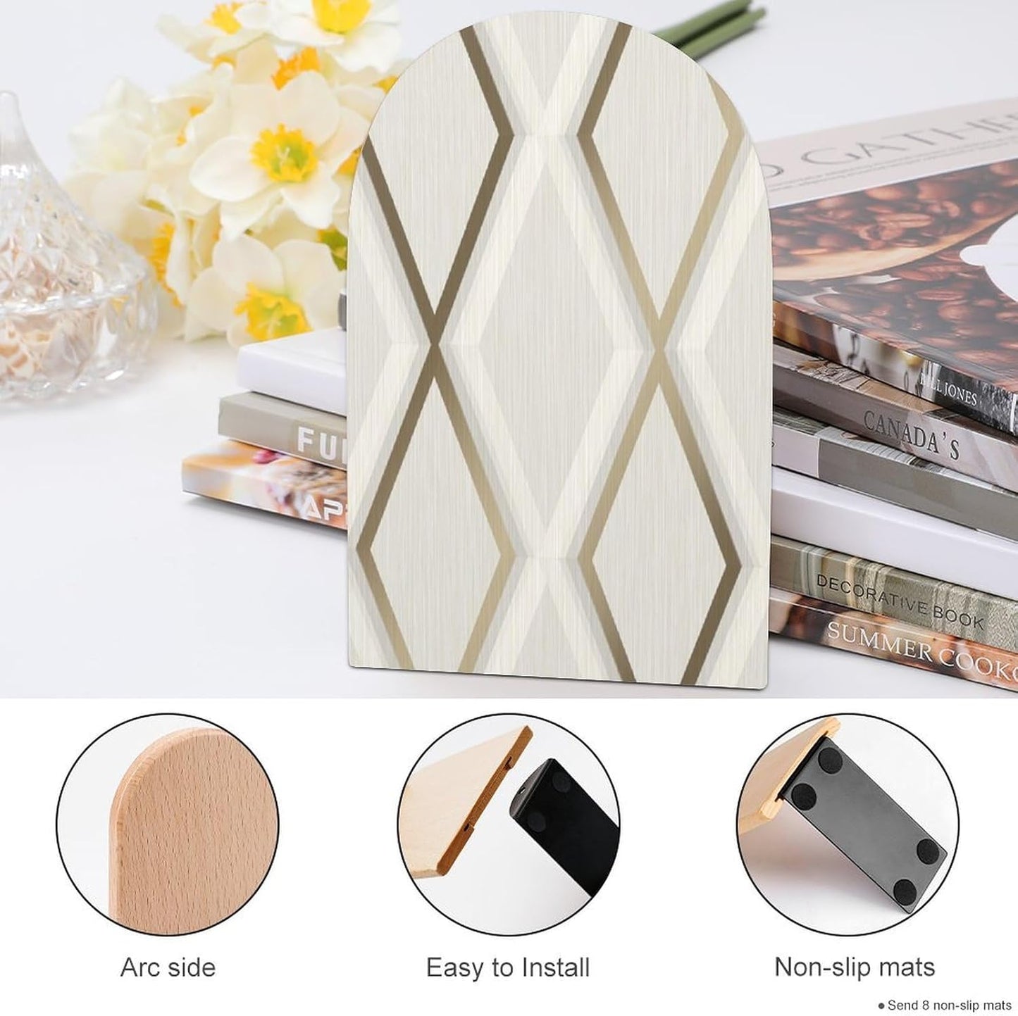 Profile Geometric Ivory Gold Wooden Bookend Non-Slip Book Ends Heavy Duty Book Stopper with Metal Base Books Holderd Decorative Bookends Stands Firmly for Office Supplies