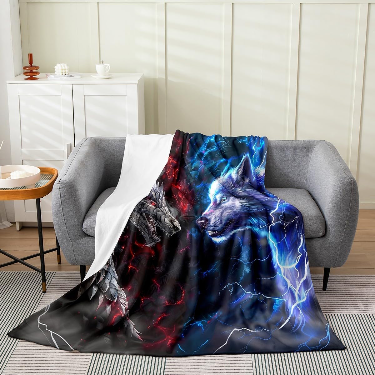 Dragon Wolf Fuzzy Blanket Fire Lightning Flannel Fleece Throw Blanket for Sofa Couch Cool Wild Animal Ultra Soft Bed Blanket Black Blue Red Blanket 90"x90"