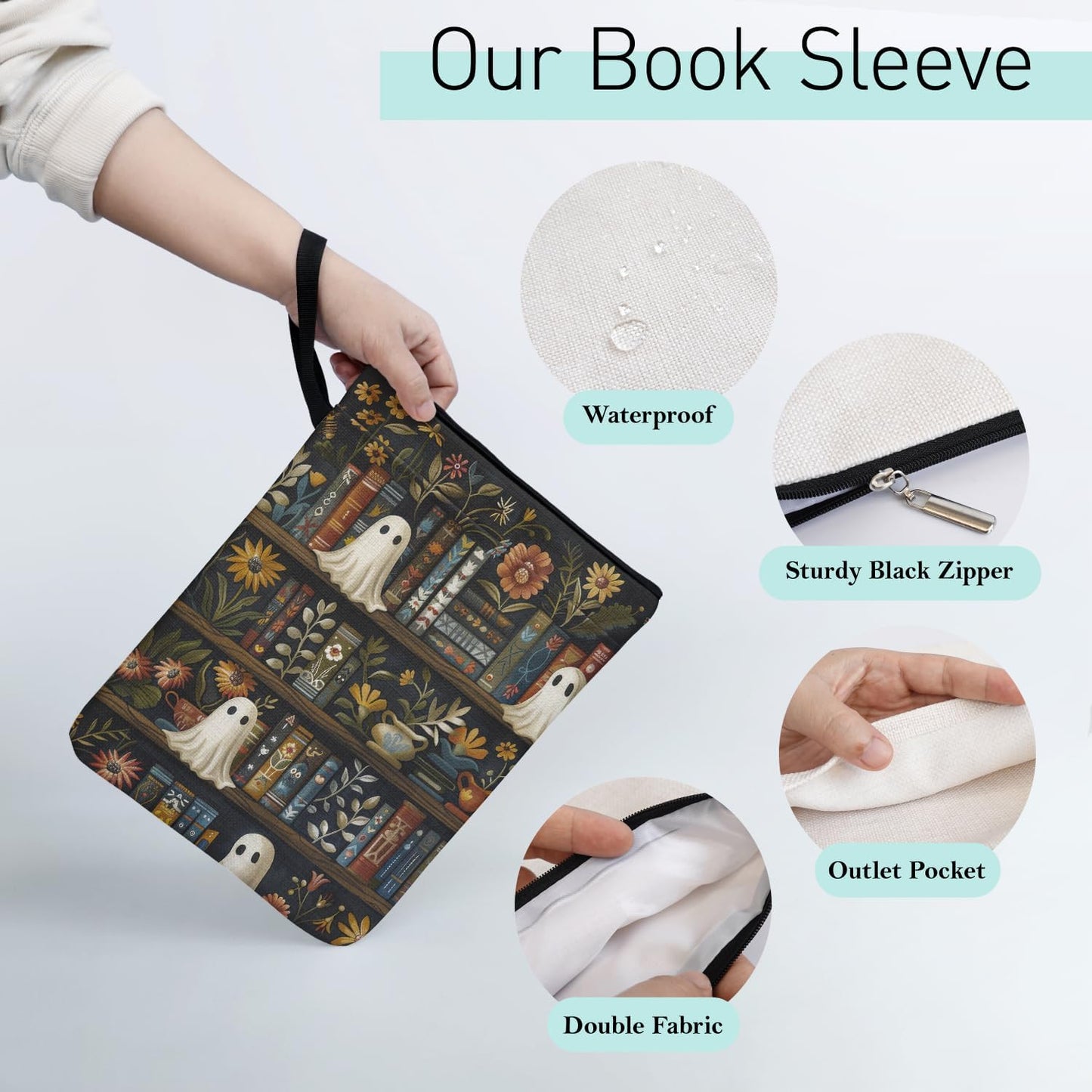 Bookshelf Ghost Pattern Book Sleeve for Book Lovers, Paperback Sleeve for Librarian, Book Cover with Zipper and Handle for paperbacks 9 x 12 Inch, Bookish Group Club Halloween Gifts for Women