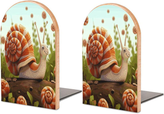 Cute Snail Bookends 1 Pair Heavy Duty Book Ends for Shelves Non-Skid Bookend Supports Wooden Book Holders with Metal Base Desk Organizers Books Storage to Hold Books